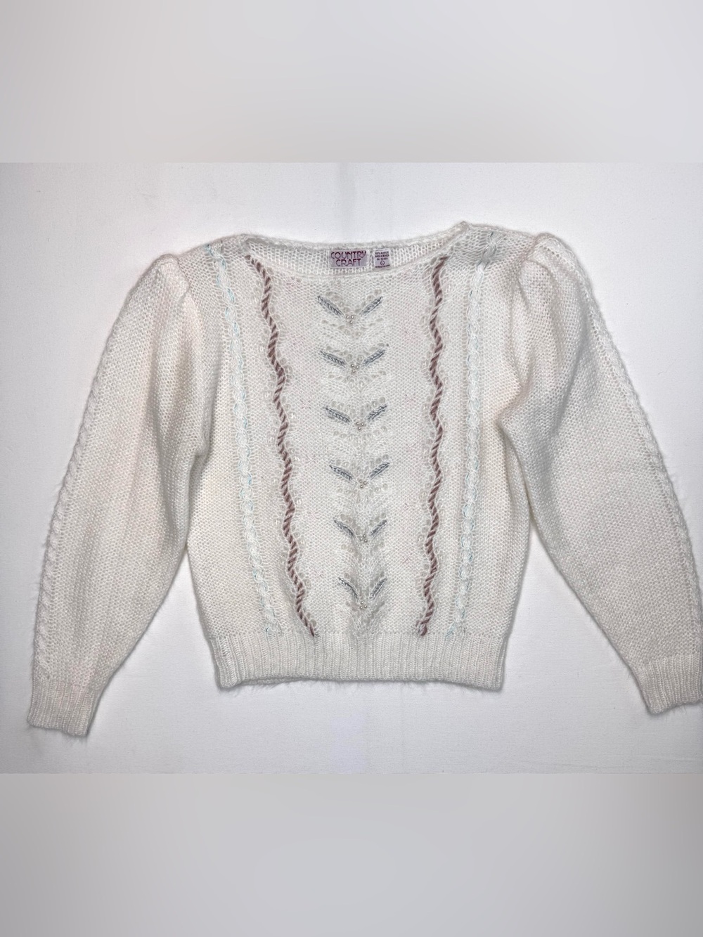 VTG Country Craft Cream Embroidered Cottagecore Sweater Womens Sz Lg beaded